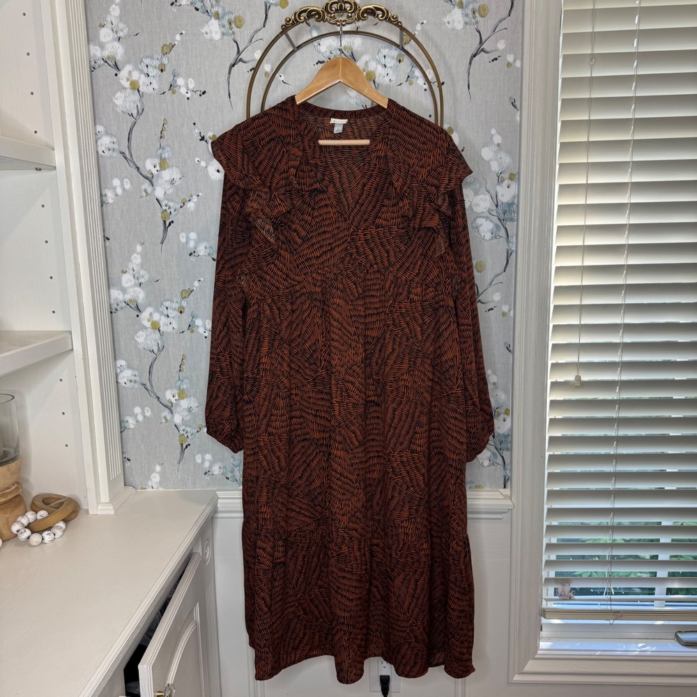 A New Day Womens Rust Orange Black Abstract Print Ruffle V-Neck Midi Dress L